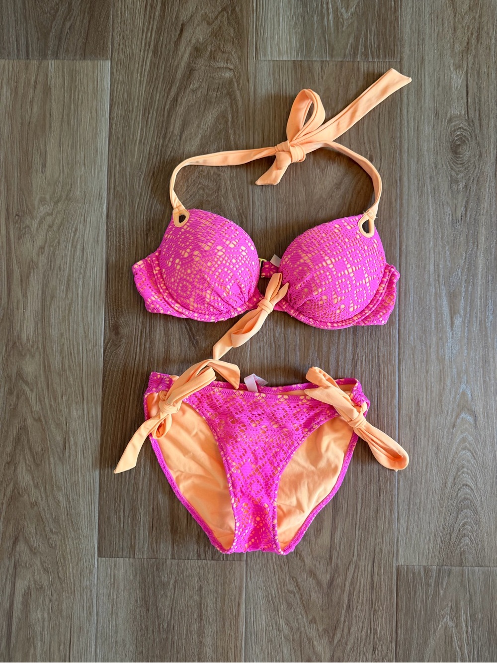Victoria's Secret 2000s Push-up Pink and Peach Lace Overlay Bikini 34B + S